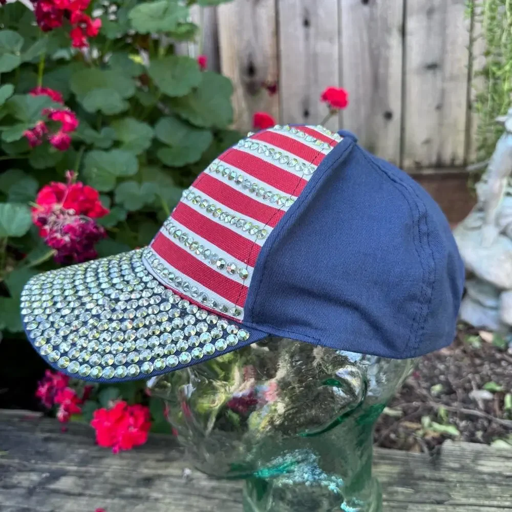 American Flag Bedazzled Rhinestones Patriotic Navy Blue Bling Trucker Hat